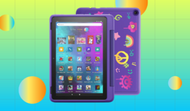 Fire HD tablet in purple case with apps on screen