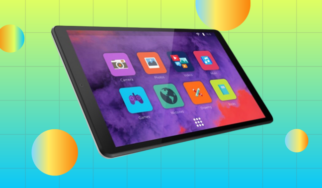 Lenovo Tab M8 with apps on purple screen