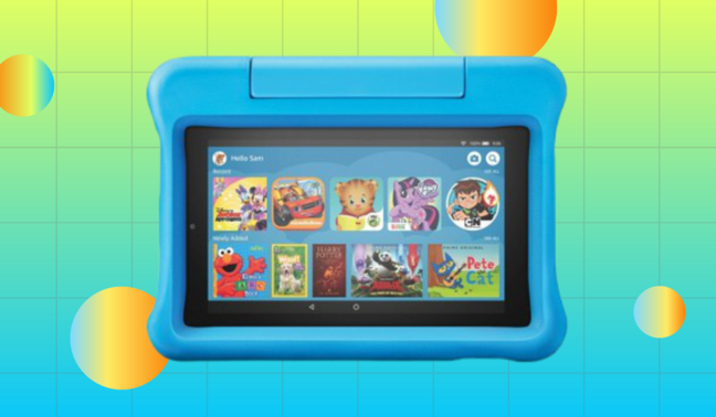 Amazon tablet in blue case with apps on screen