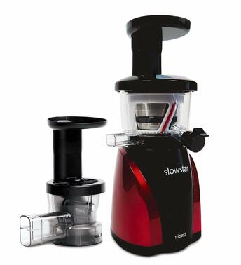 Red and black juicer with chopping attachment