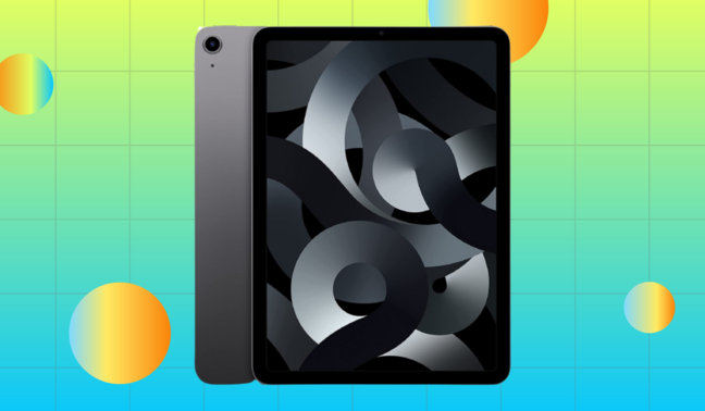 iPad Air with swirl screen saver on green and blue background